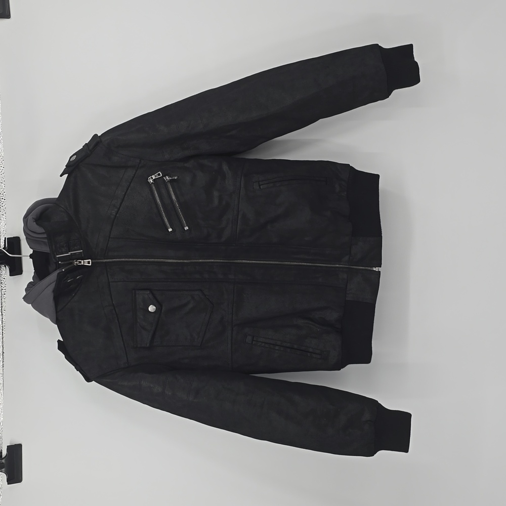 FLAVOR Black Leather Motorcycle Jacket with Removable Hood Men's Size S